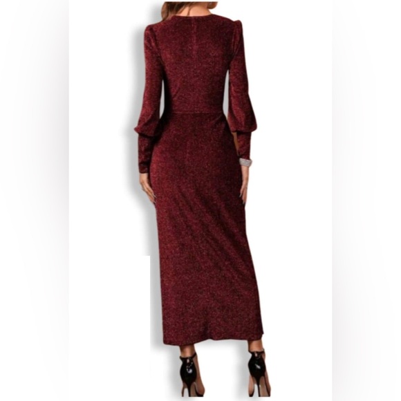 Maroon / Burgundy Bishop Sleeve Belted Glitter Maxi Dress New w/o Tags - Picture 2 of 4